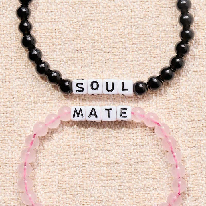 Buddha Stones Black Obsidian Rose Quartz SOUL & MATE Letters Couple Relationships Bracelet - image 14