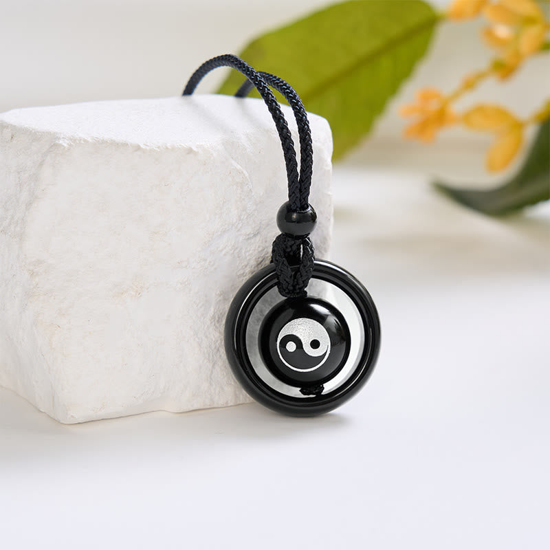 Buddha Stones Black Onyx Black Obsidian Yin Yang Pendant Balance Necklace - image 1