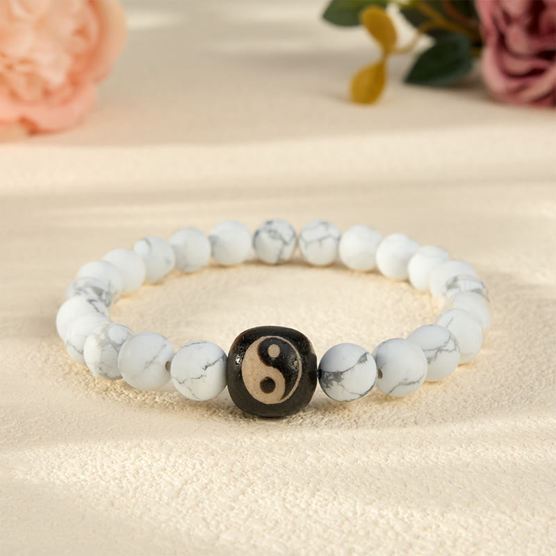 Buddha Stones Black Onyx White Turquoise Yin Yang Balance Round Bead Bracelet - White Turquoise - 5.9–6.3 in (15–16 cm) - image 10