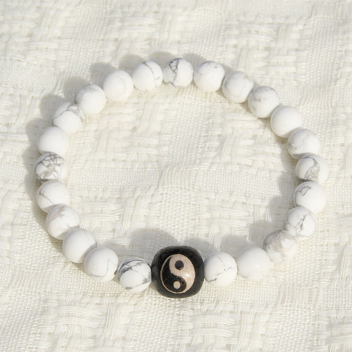 Buddha Stones Black Onyx White Turquoise Yin Yang Balance Round Bead Bracelet - image 11