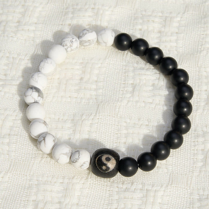 Buddha Stones Black Onyx White Turquoise Yin Yang Balance Round Bead Bracelet - image 1