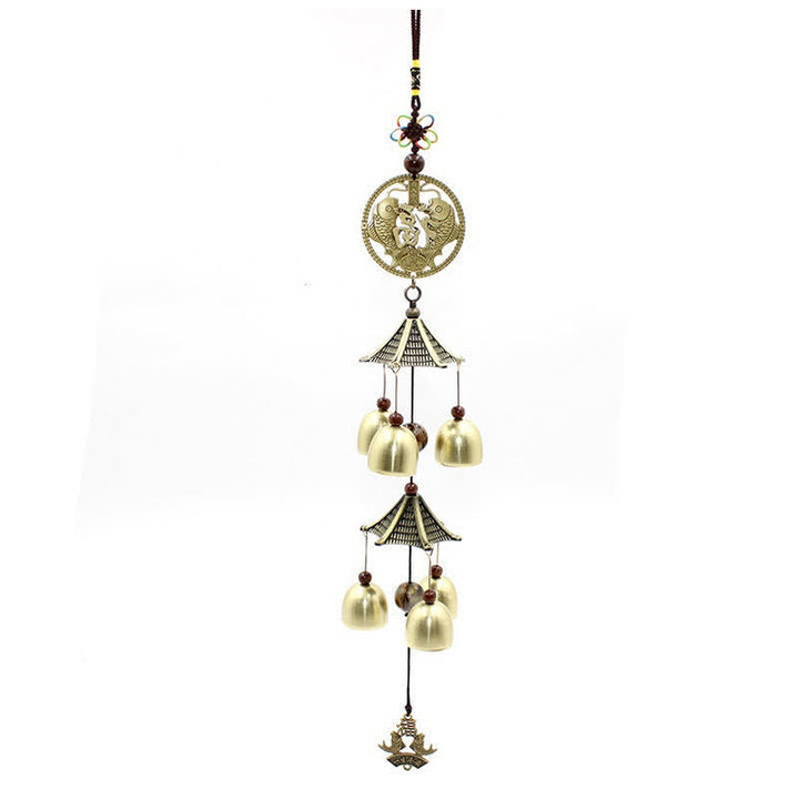 Buddha Stones Two-Tier Solid Copper Pi Xiu Bagua Koi Fish Wealth Bells & Chimes - image 5