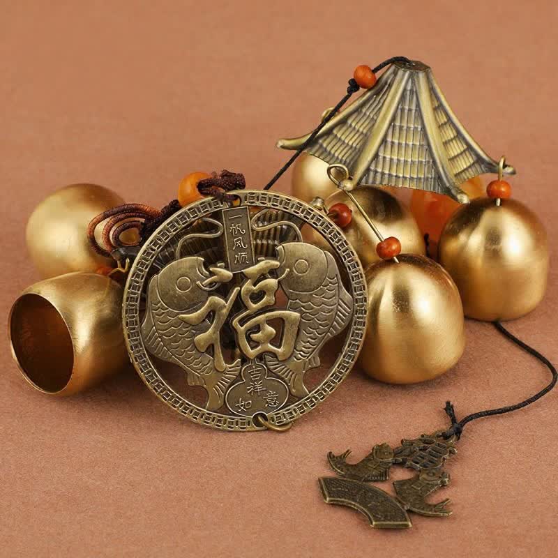 Buddha Stones Two-Tier Solid Copper Pi Xiu Bagua Koi Fish Wealth Bells & Chimes - Koi Fish Fu Character - image 2