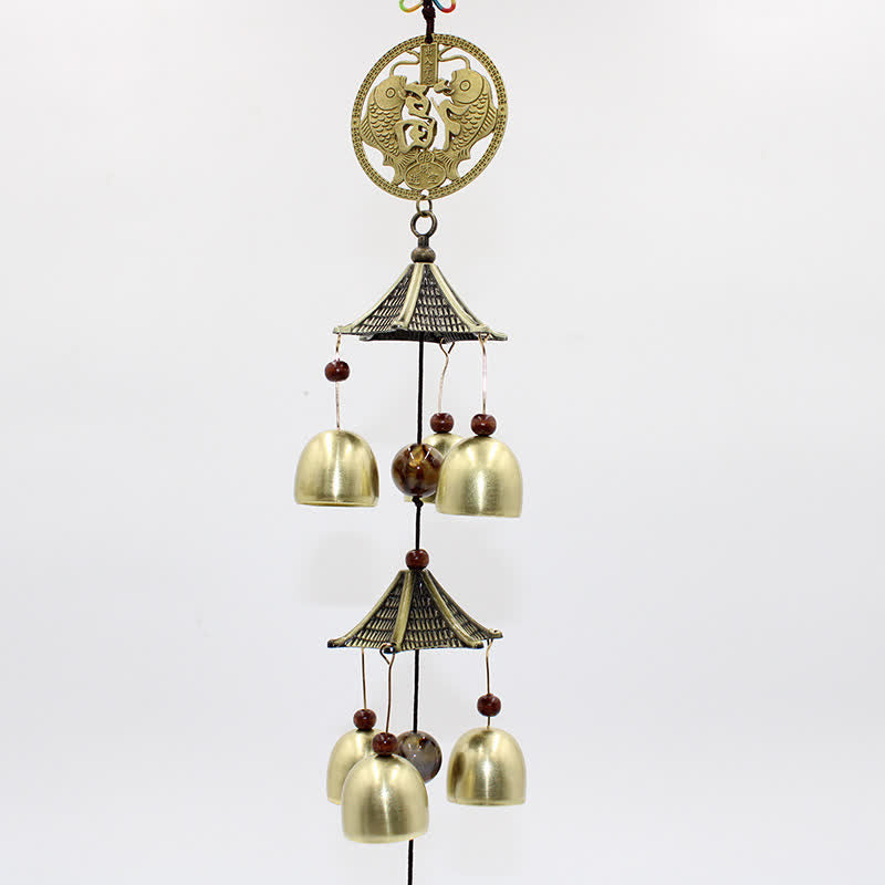 Buddha Stones Two-Tier Solid Copper Pi Xiu Bagua Koi Fish Wealth Bells & Chimes - image 4