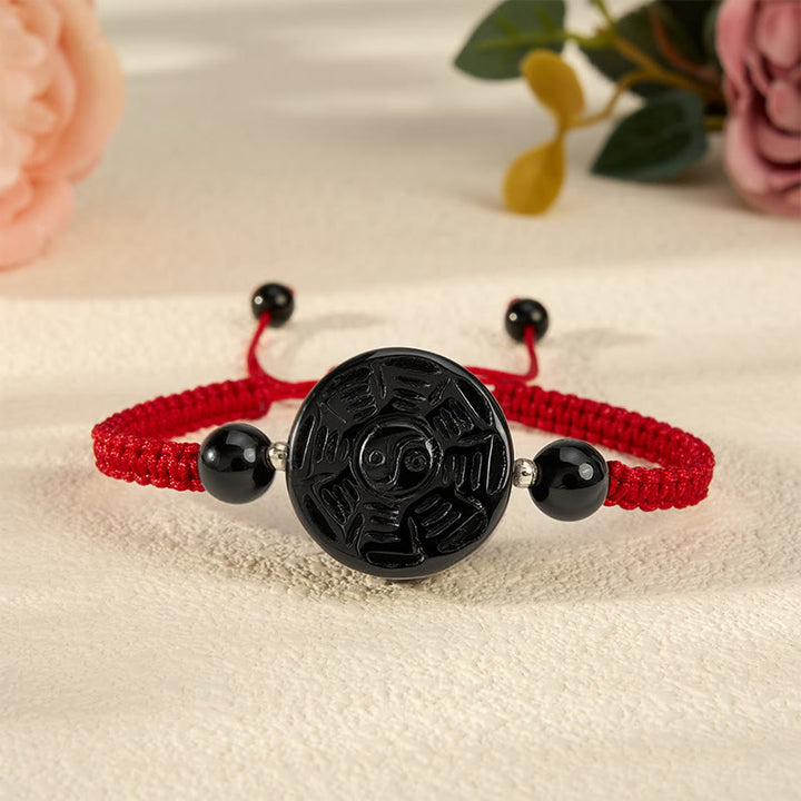 Buddha Stones Red String Black Obsidian Round Bagua Blessing Bracelet - image 0