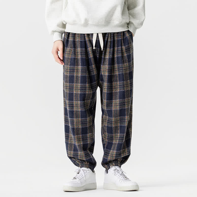 Buddha Stones Fall Winter Casual Drawstring Plaid Ankle Pants Men's Harem Pants With Pockets - Navy - US/UK/AU46，EU56 (5XL) - image 17
