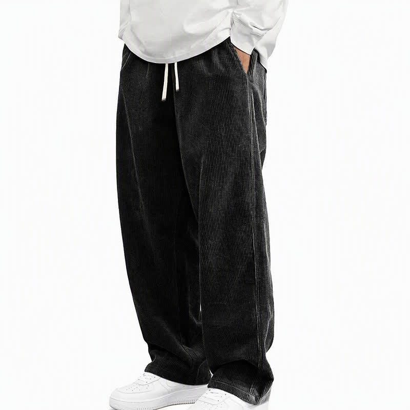 Buddha Stones Fall Winter Casual Drawstring Solid Corduroy Long Pants Men's Straight Leg Pants With Pockets - Black - US/UK/AU48, EU58 (5XL) - image 1