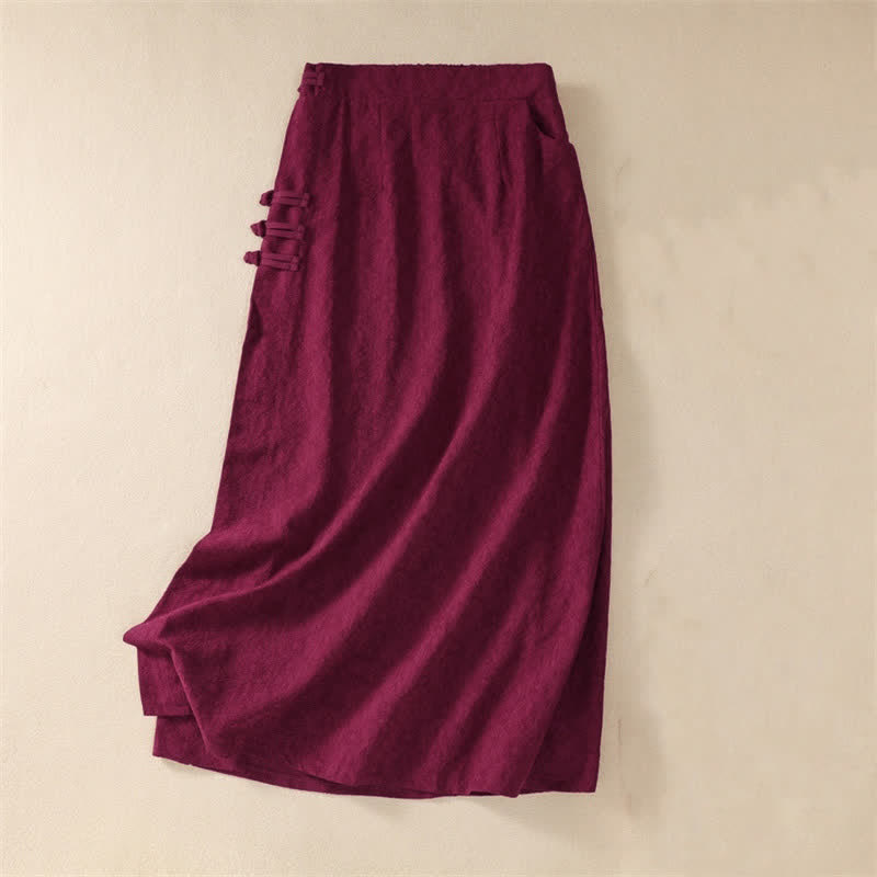 Buddha Stones Fall Vintage Tang Style Pankou Solid Cotton Linen Women's Skirts With Pocket - Maroon - US6, UK/AU10, EU38 (XL) - image 1