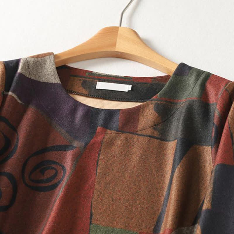 Buddha Stones Fall Winter Vintage Boho Geometric Patchwork Abstract Cotton Women's Long Sleeve Dress With Pockets - image 2