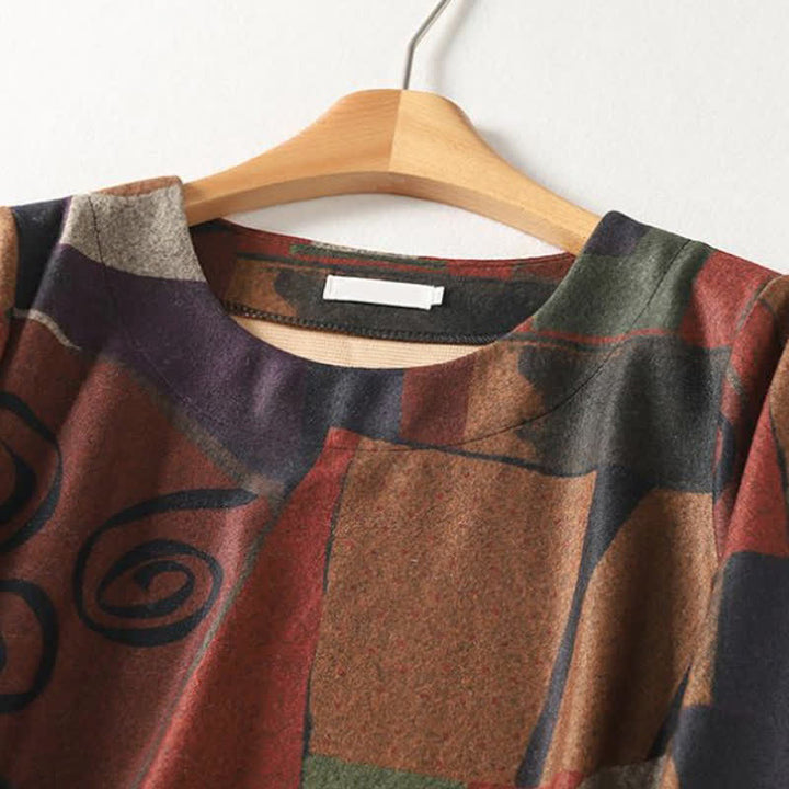 Buddha Stones Fall Winter Vintage Boho Geometric Patchwork Abstract Cotton Women's Long Sleeve Dress With Pockets - image 2