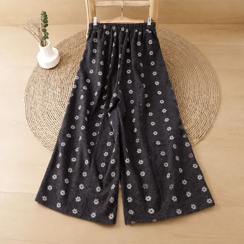 Buddha Stones Fall Winter Casual White Floral Cotton Cropped Pants Women's Wide Leg Pants With Pockets - image 1