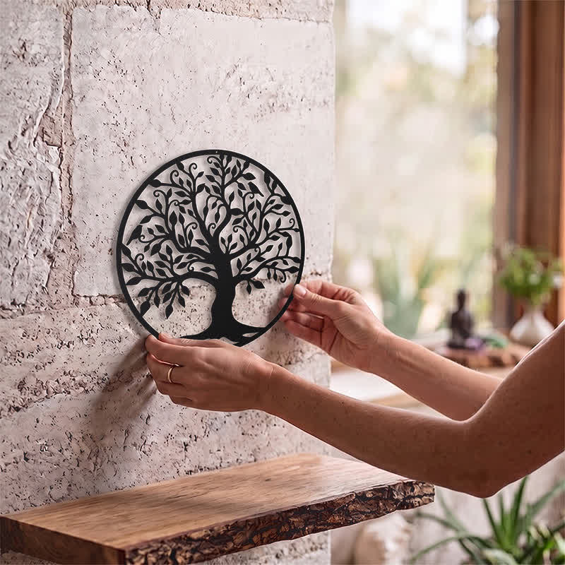 Buddha Stones Round Metal Tree of Life Unity Meaningful Symbols Wall Art - image 1
