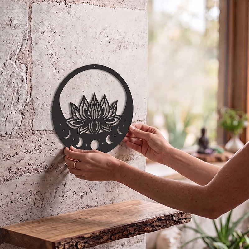Buddha Stones Round Metal Lotus Moon Phase Purity Meaningful Symbols Wall Art - image 1