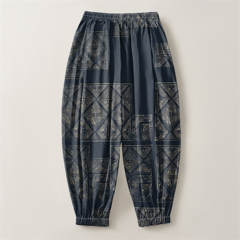 Buddha Stones Pure Cotton Ethnic Lattice Pattern Drawstring Men's Harem Pants With Pockets - image 2