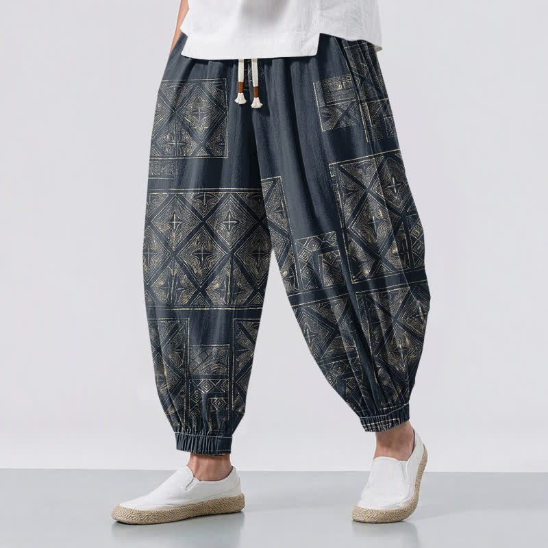 Buddha Stones Pure Cotton Ethnic Lattice Pattern Drawstring Men's Harem Pants With Pockets - DarkSlateGray - US/UK/AU50，EU60 (5XL) - image 0