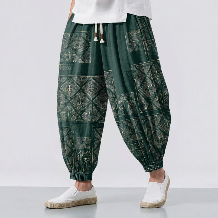 Buddha Stones Pure Cotton Ethnic Lattice Pattern Drawstring Men's Harem Pants With Pockets - DarkGreen - US/UK/AU50，EU60 (5XL) - image 6