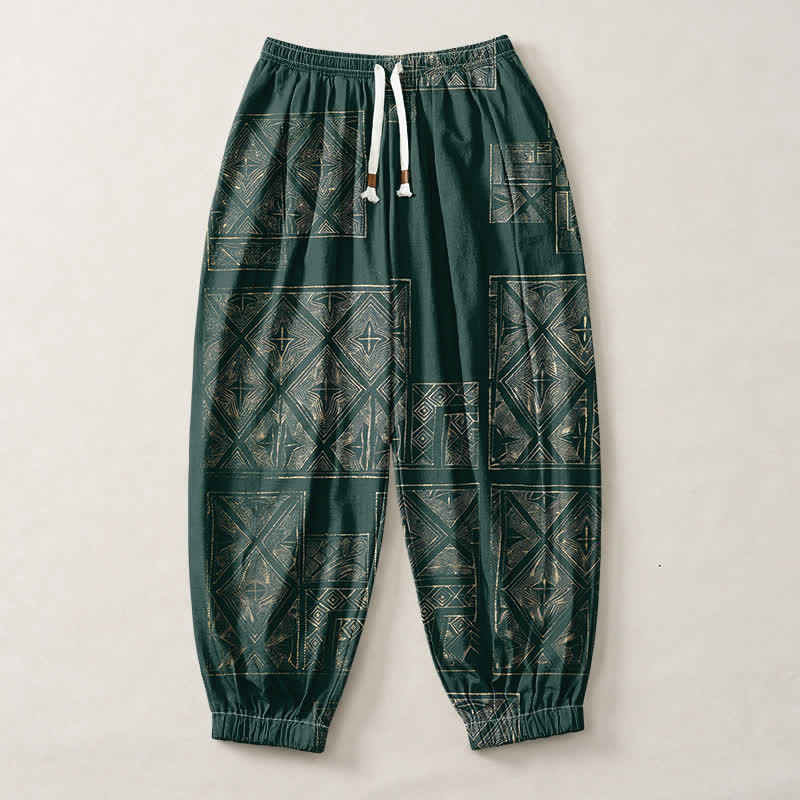 Buddha Stones Pure Cotton Ethnic Lattice Pattern Drawstring Men's Harem Pants With Pockets - image 7