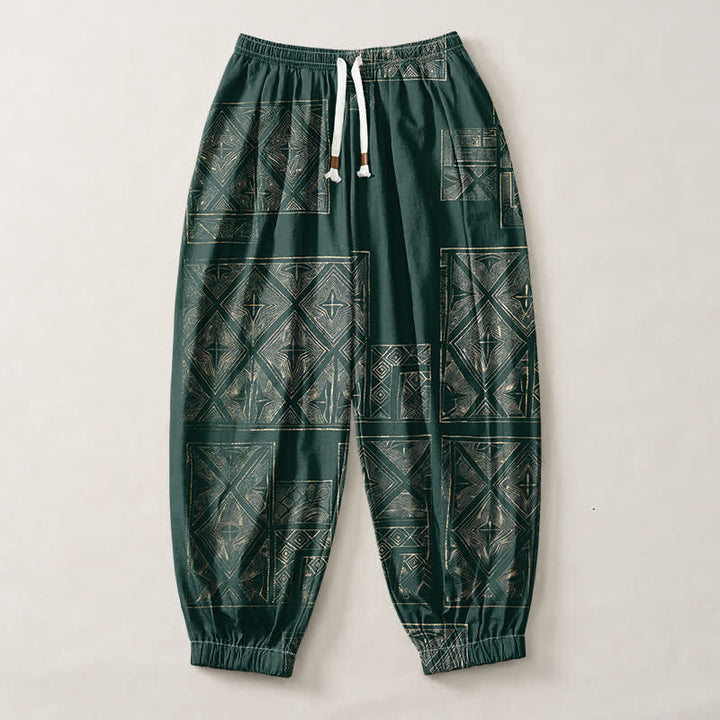 Buddha Stones Pure Cotton Ethnic Lattice Pattern Drawstring Men's Harem Pants With Pockets - image 7
