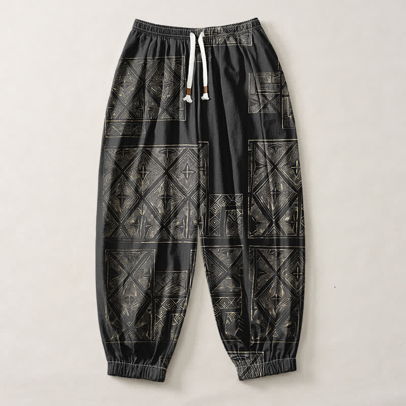 Buddha Stones Pure Cotton Ethnic Lattice Pattern Drawstring Men's Harem Pants With Pockets - image 13