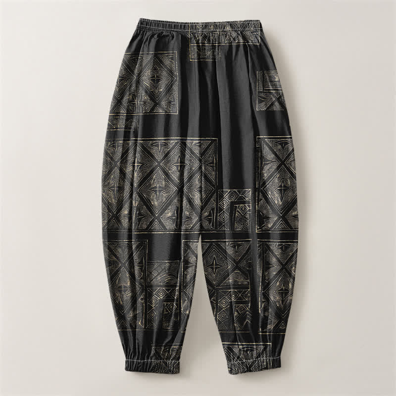 Buddha Stones Pure Cotton Ethnic Lattice Pattern Drawstring Men's Harem Pants With Pockets - image 14