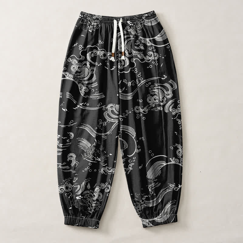 Buddha Stones Pure Cotton Cloud Wave Pattern Drawstring Men's Harem Pants With Pockets - image 1