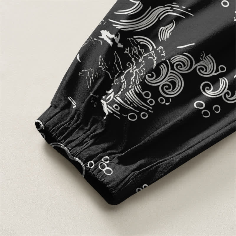 Buddha Stones Pure Cotton Cloud Wave Pattern Drawstring Men's Harem Pants With Pockets - image 4