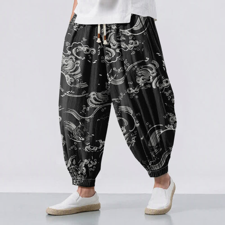 Buddha Stones Pure Cotton Cloud Wave Pattern Drawstring Men's Harem Pants With Pockets - Black - US/UK/AU50，EU60 (5XL) - image 0