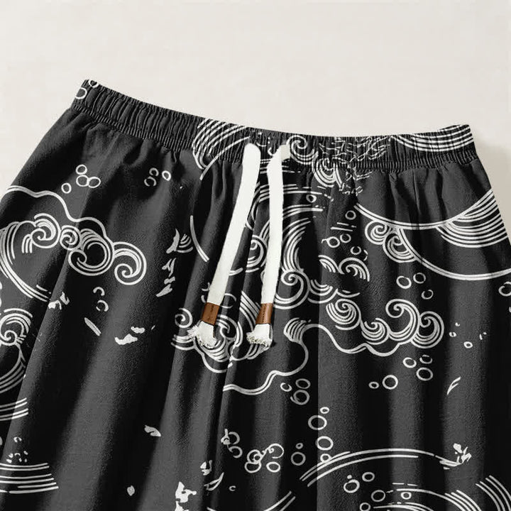 Buddha Stones Pure Cotton Cloud Wave Pattern Drawstring Men's Harem Pants With Pockets - image 3