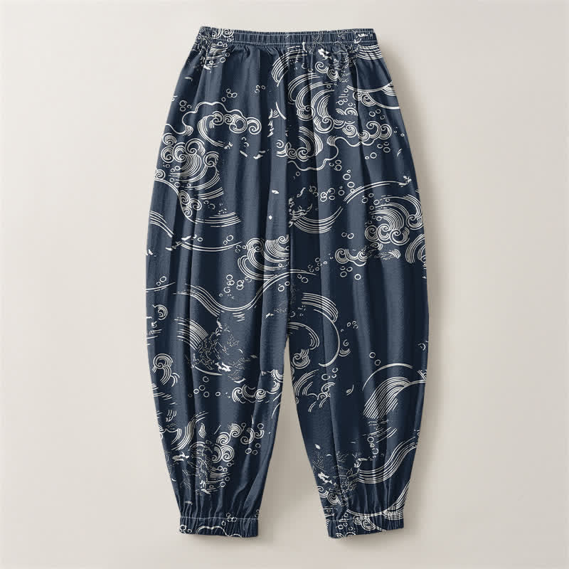 Buddha Stones Pure Cotton Cloud Wave Pattern Drawstring Men's Harem Pants With Pockets - image 8