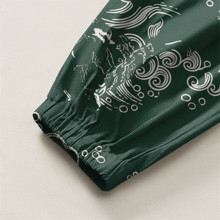 Buddha Stones Pure Cotton Cloud Wave Pattern Drawstring Men's Harem Pants With Pockets - image 16