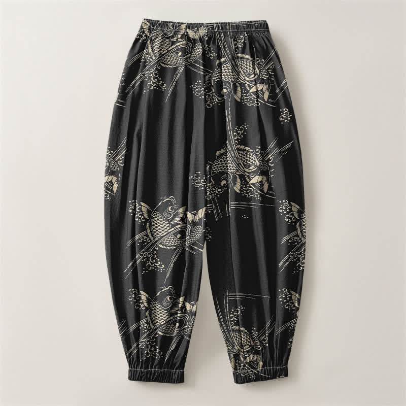 Buddha Stones Pure Cotton Koi Fish Pattern Drawstring Men's Harem Pants With Pockets - image 2
