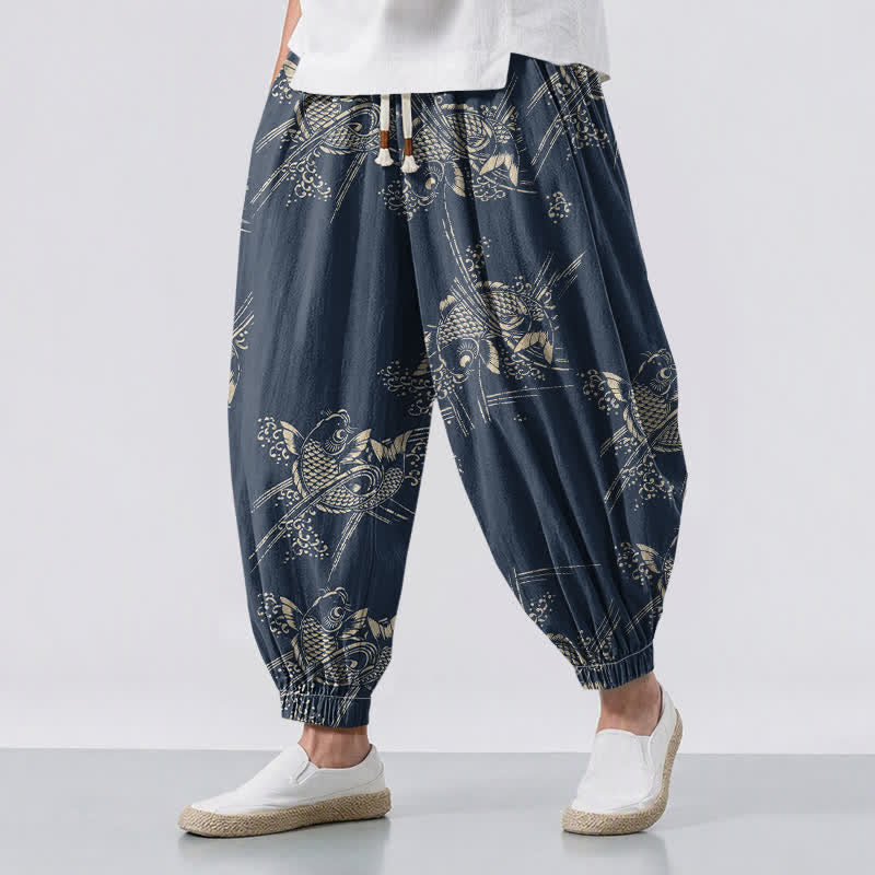 Buddha Stones Pure Cotton Koi Fish Pattern Drawstring Men's Harem Pants With Pockets - Navy - US/UK/AU50，EU60 (5XL) - image 6