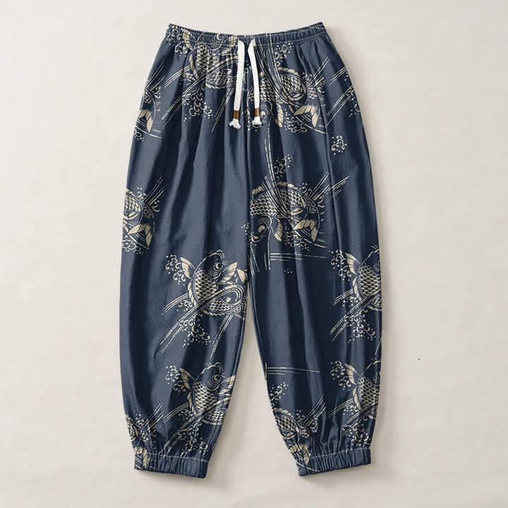 Buddha Stones Pure Cotton Koi Fish Pattern Drawstring Men's Harem Pants With Pockets - image 7