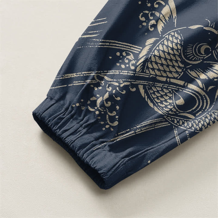 Buddha Stones Pure Cotton Koi Fish Pattern Drawstring Men's Harem Pants With Pockets - image 10