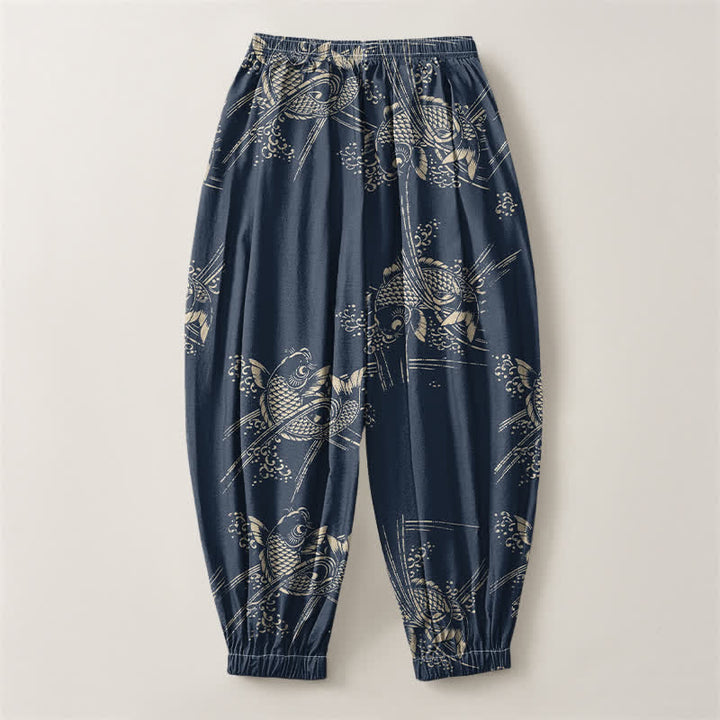 Buddha Stones Pure Cotton Koi Fish Pattern Drawstring Men's Harem Pants With Pockets - image 8