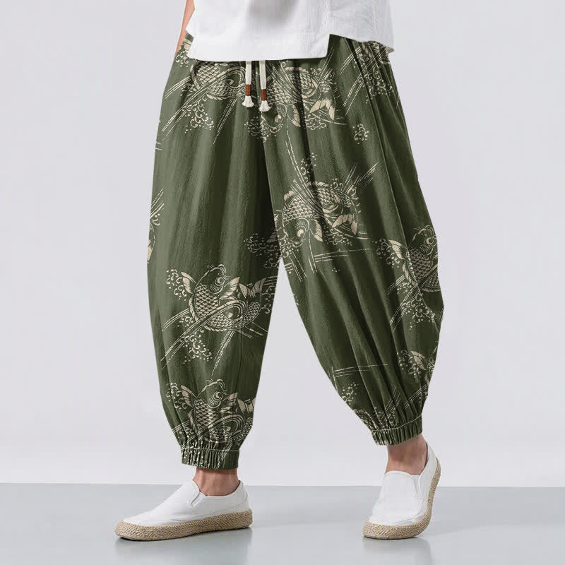 Buddha Stones Pure Cotton Koi Fish Pattern Drawstring Men's Harem Pants With Pockets - DarkOliveGreen - US/UK/AU50，EU60 (5XL) - image 12