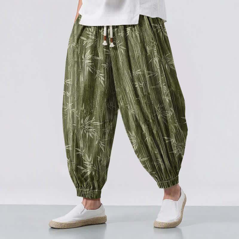 Buddha Stones Pure Cotton Zen Bamboo Pattern Drawstring Men's Harem Pants With Pockets - DarkOliveGreen - US/UK/AU50，EU60 (5XL) - image 6