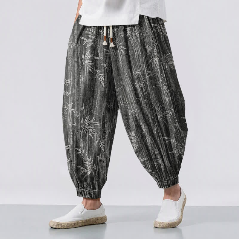 Buddha Stones Pure Cotton Zen Bamboo Pattern Drawstring Men's Harem Pants With Pockets - Black - US/UK/AU50，EU60 (5XL) - image 12