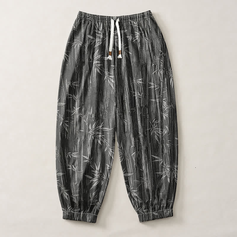 Buddha Stones Pure Cotton Zen Bamboo Pattern Drawstring Men's Harem Pants With Pockets - image 13