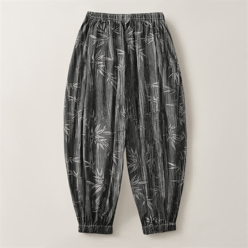 Buddha Stones Pure Cotton Zen Bamboo Pattern Drawstring Men's Harem Pants With Pockets - image 14