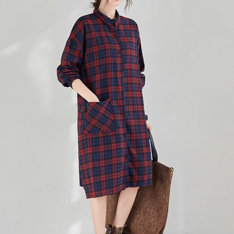 Buddha Stones Fall Casual Vintage Button-Up Plaid Women's Long Sleeve Dresses With Pocket - image 1