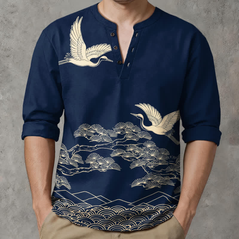 Buddha Stones Cotton Flying Crane Cloud Pattern V-Neck Buttons Men's Long Sleeve Shirts - image 1