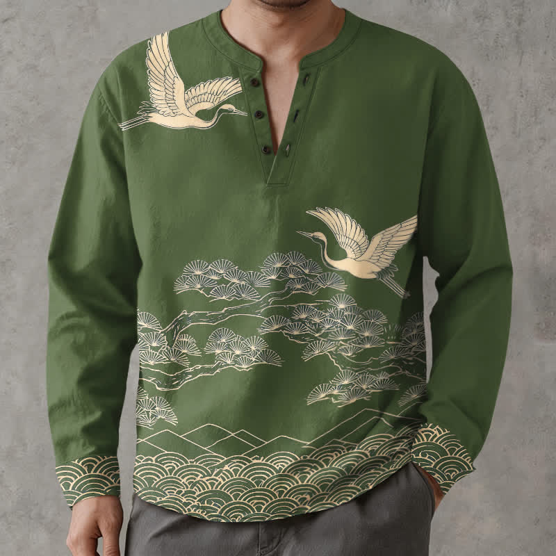 Buddha Stones Cotton Flying Crane Cloud Pattern V-Neck Buttons Men's Long Sleeve Shirts - DarkOliveGreen - US/UK/AU48，EU58 (4XL) - image 7