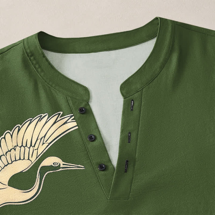 Buddha Stones Cotton Flying Crane Cloud Pattern V-Neck Buttons Men's Long Sleeve Shirts - image 11