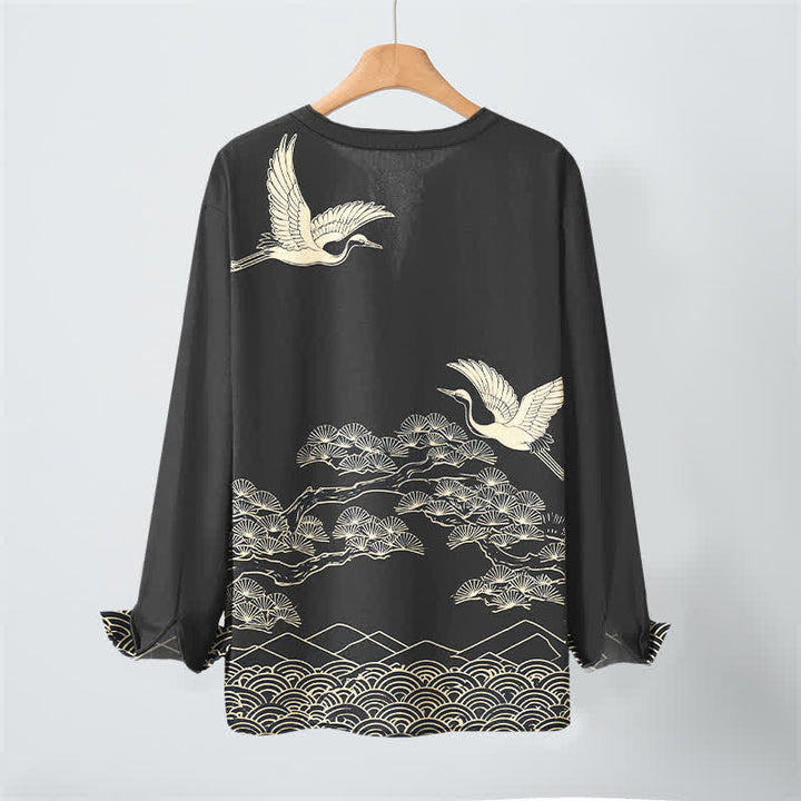 Buddha Stones Cotton Flying Crane Cloud Pattern V-Neck Buttons Men's Long Sleeve Shirts - image 17