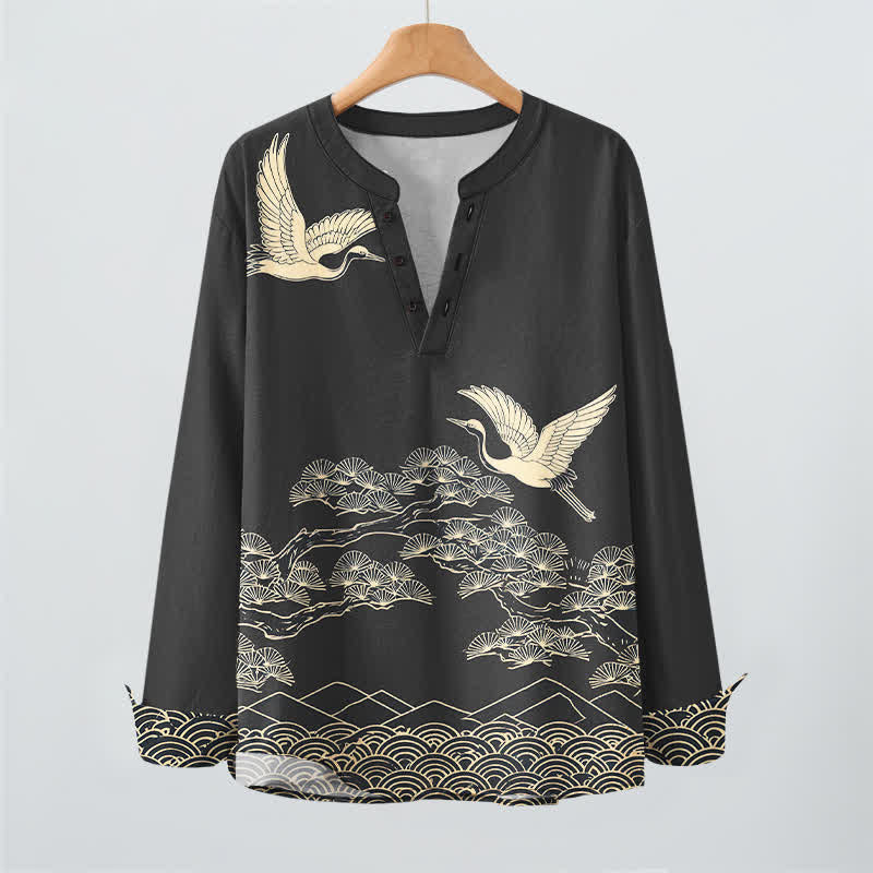 Buddha Stones Cotton Flying Crane Cloud Pattern V-Neck Buttons Men's Long Sleeve Shirts - image 16