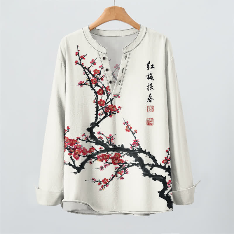 Buddha Stones Cotton Eastern Seal Plum Pattern V-Neck Buttons Men's Long Sleeve Shirts - image 2