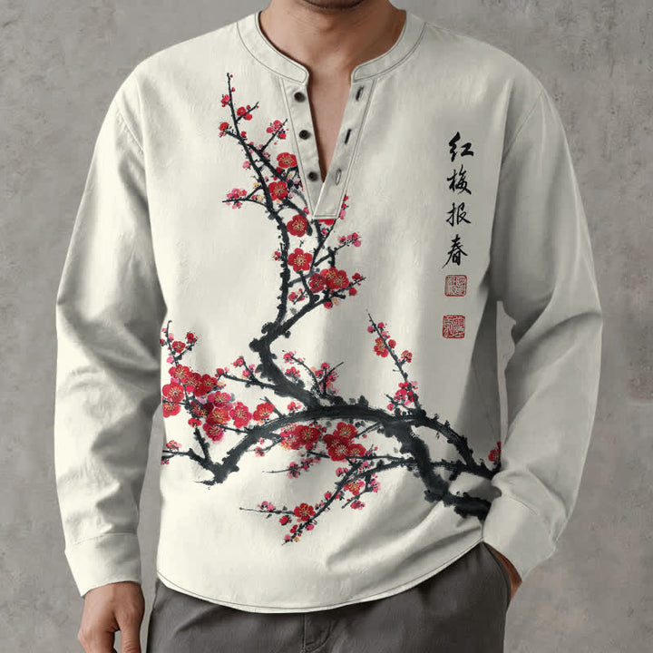 Buddha Stones Cotton Eastern Seal Plum Pattern V-Neck Buttons Men's Long Sleeve Shirts - image 1