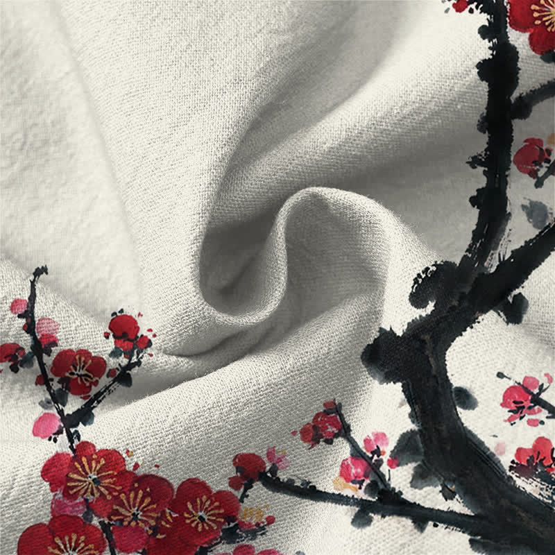 Buddha Stones Cotton Eastern Seal Plum Pattern V-Neck Buttons Men's Long Sleeve Shirts - image 6