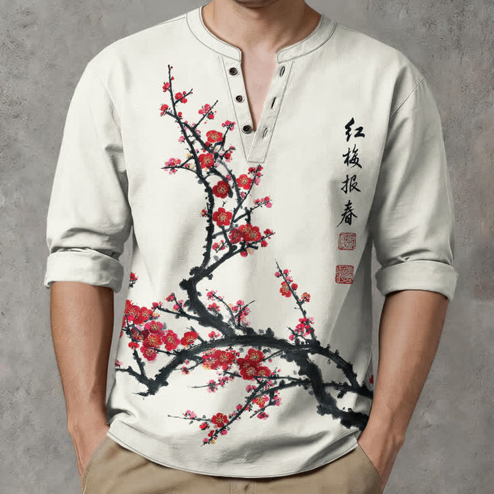 Buddha Stones Cotton Eastern Seal Plum Pattern V-Neck Buttons Men's Long Sleeve Shirts - Ivory - US/UK/AU48，EU58 (4XL) - image 0
